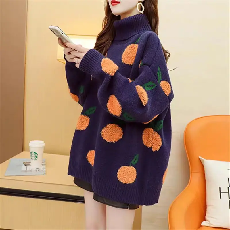 DAYIFUN Women Orange Embroidery Sweater Contrast Color Long Sleeve Turtleneck Knit Pullovers Female Autumn Fashion Loose Jumpers