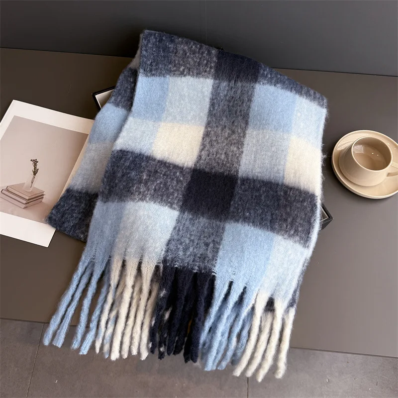 Warmer Dicker Winterschal für Damen, Mohair, Kariert, Weicher Quastenschal, Pashmina, Großer Halsdecken-Schal – Detail 10