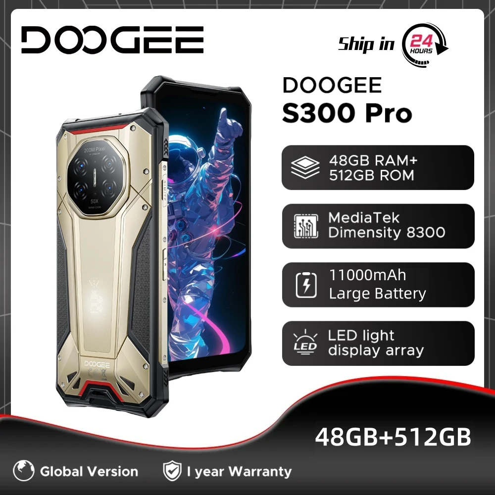 Глобальная версия DOOGEE S300 Pro: защищенный смартфон, 48 ГБ + 512 ГБ, Dimensity 8300, аккумулятор 11000 мАч, быстрая зарядка 66 Вт, 6.78” FHD+ 120 Гц, Android 16