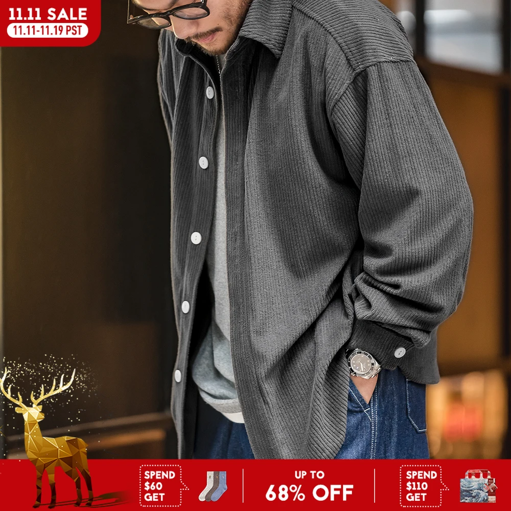 

Maden Vintage Jacquard Knit Long Sleeve Shirts for Men Oversized Drop Shoulder Blouse Soft Corduroy Shirt Solid Color Jacket