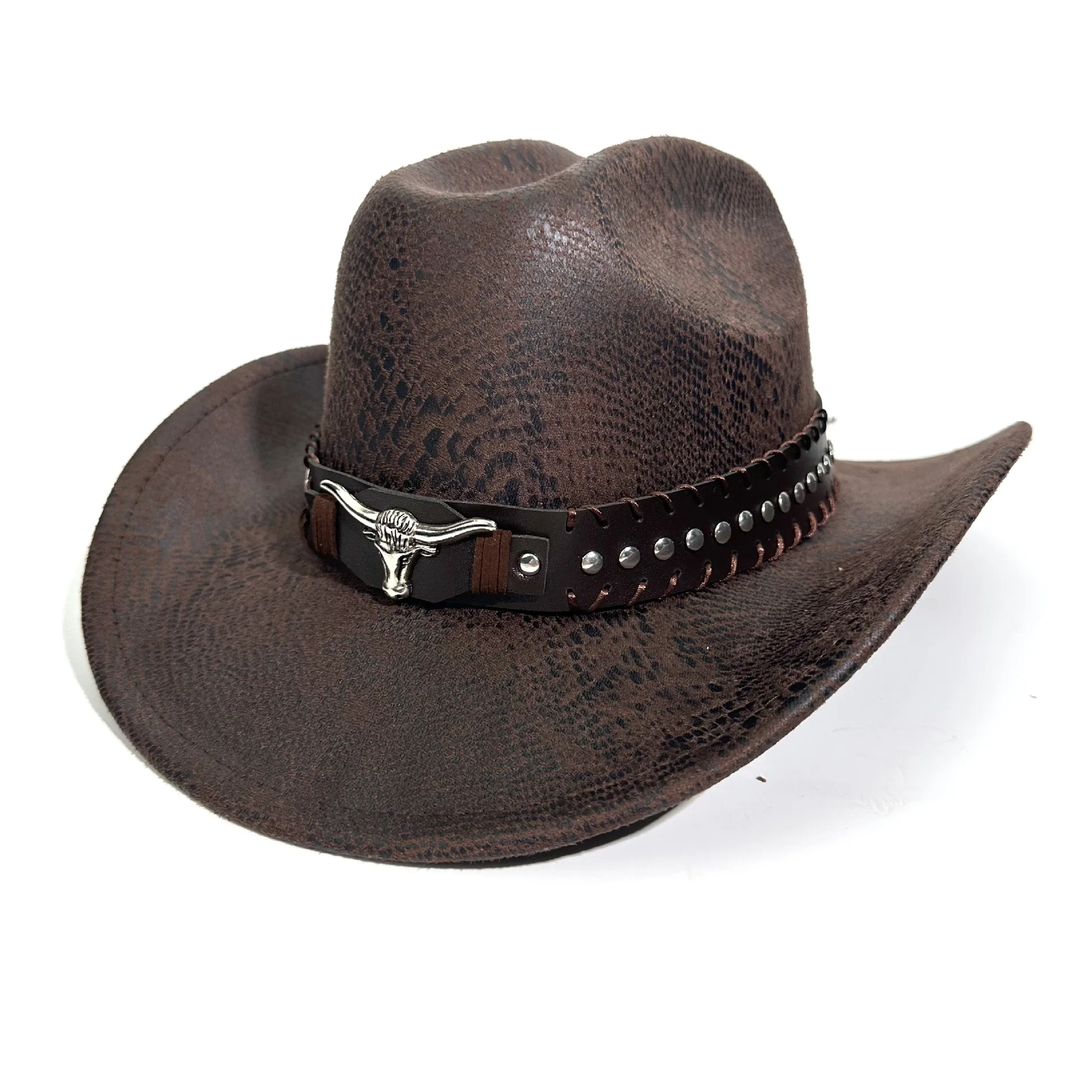 

Rolled-brim Hat for Men and Women, Outdoor Ethnic-style Knight Hat, Retro Bull's Head Studded Belt, Western Cowboy Hat