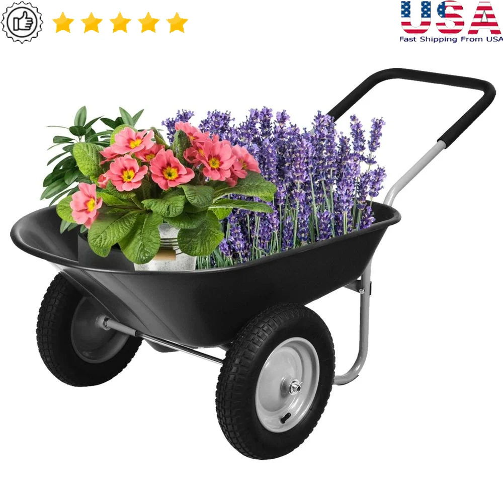 Heavy Duty Garden Dual-Wheel Wheelbarrow Utility Cart 5 Cubic Feet Capacity 330 lbs Rust Resistant All-Terrain Wheels & Built-in