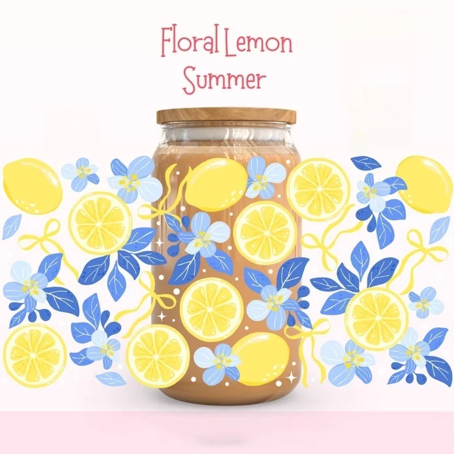 Lemon Floral UV DTF Transfer Sticker Summer 16oz Libbey Glass Drink Cups Wraps Coffee Bottle Decals Party Home Decoration