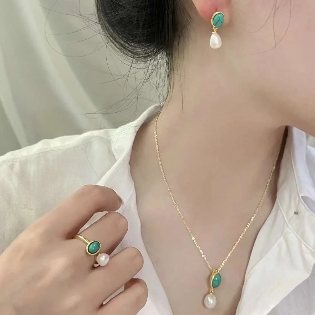 Turquoise Set Natural Half Hole Rice Shaped Water Droplet Shaped Freshwater Pearl Pendant Necklace Earring Ring Set