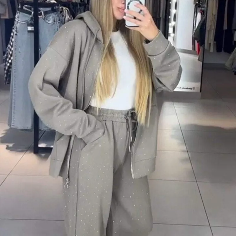 Fall Winter Rhinestone Diamonds Hooded Sweatshirt Two Piece Set Women Tracksuits Coat Drawstring Pants Retro Loose Sport Suit