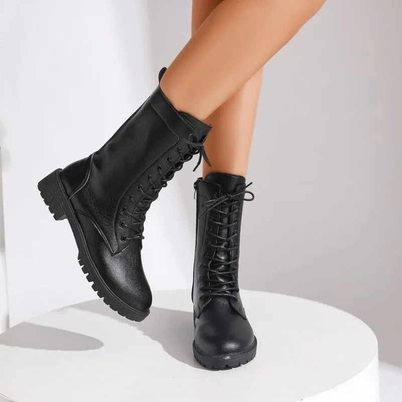 Women's Mid-Calf Boots Round Toe Low Block Heel Lace-Up Side Zipper Leather-Look Upper Textured Outsole Stable Structure Design