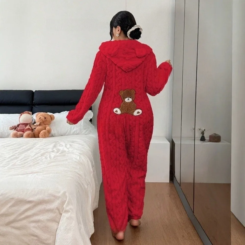 Cozy Hooded Jumpsuit Romper Nightwear Bear Ear Long Sleeve Loungewear Bodysuit Warm Plush Romper Pajamas Autumn Winter