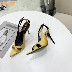 2024 New Satin Hollow Sandals Pointed Toe Stiletto Heel Shallow High Heels Ankle Strap Women Fashion Casual Black Purple Sandals