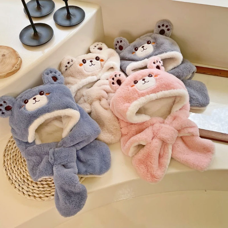 

Kids Hat Autumn Winter Bear Baby Scarf All-in-one Hat 2 in 1 Color Matching Cute Baby Ear Protector Scarf Girl Plush Warm Hat