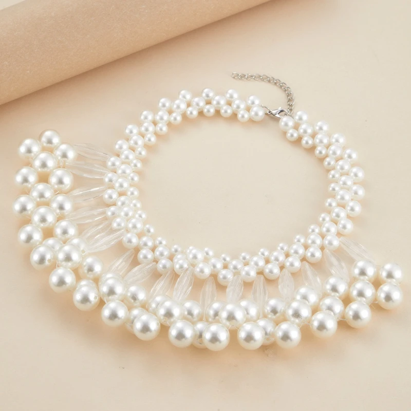2 Teile/satz Handgemachte Imitation Perle Mehrschichtige Halskette Ohrringe, Frauen Persönlichkeit Übertrieben Design Party Schmuck Geschenke – Detail 5