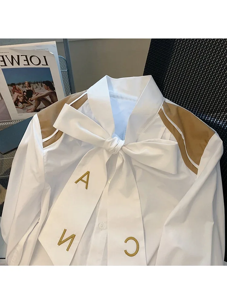 Fashion England Style Long Sleeve Blouses For Women 2024 Bow Letter Tee White Single Breasted V-neck Loose Boyfriend Shirt