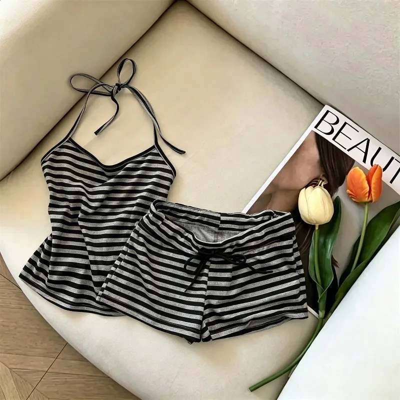 

American Y2k Style Female 2 Piece Set Tough Girl Simple Striped Halter Nightgown Women Short Summer Shorts Suit Home Wear Outfit