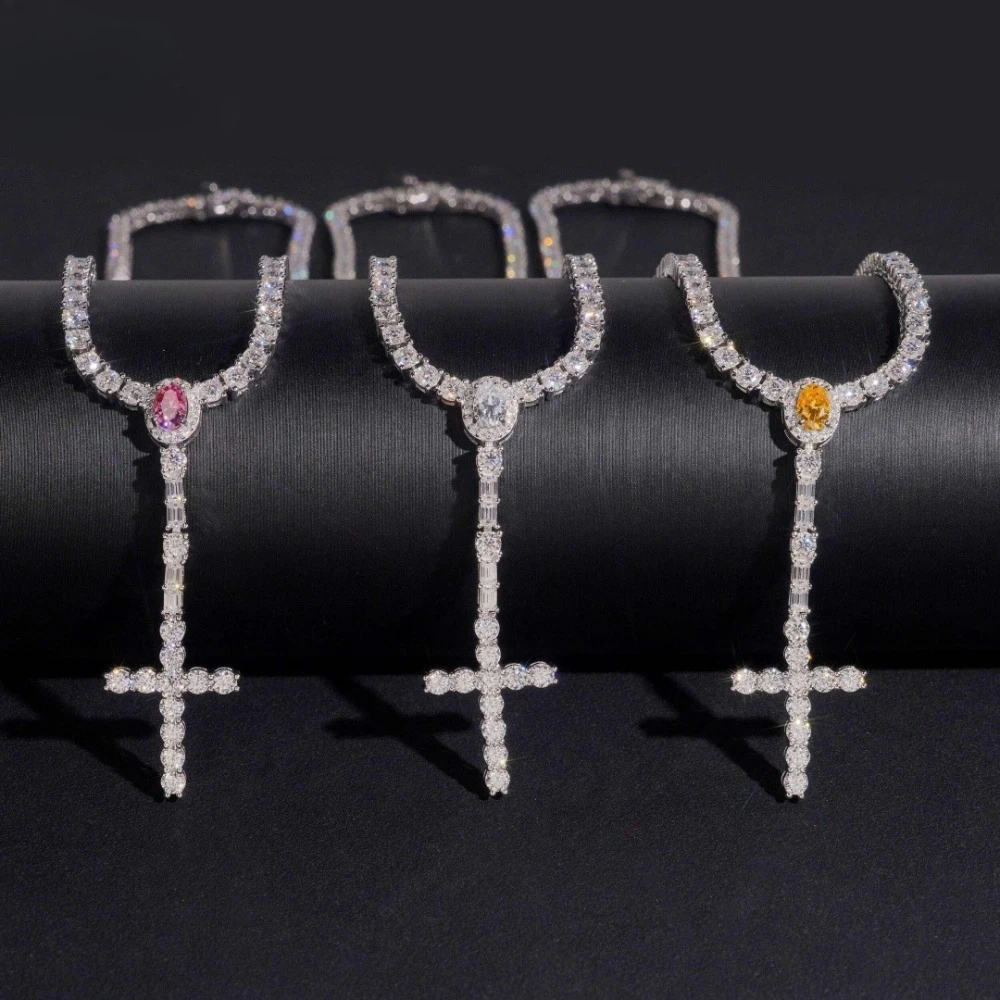 3mm D Color Moissanite Cross Tennis Necklace Hiphop Rock Men Jewelry Iced Diamond Link Chain Necklaces Pass Tester with Gra Gift