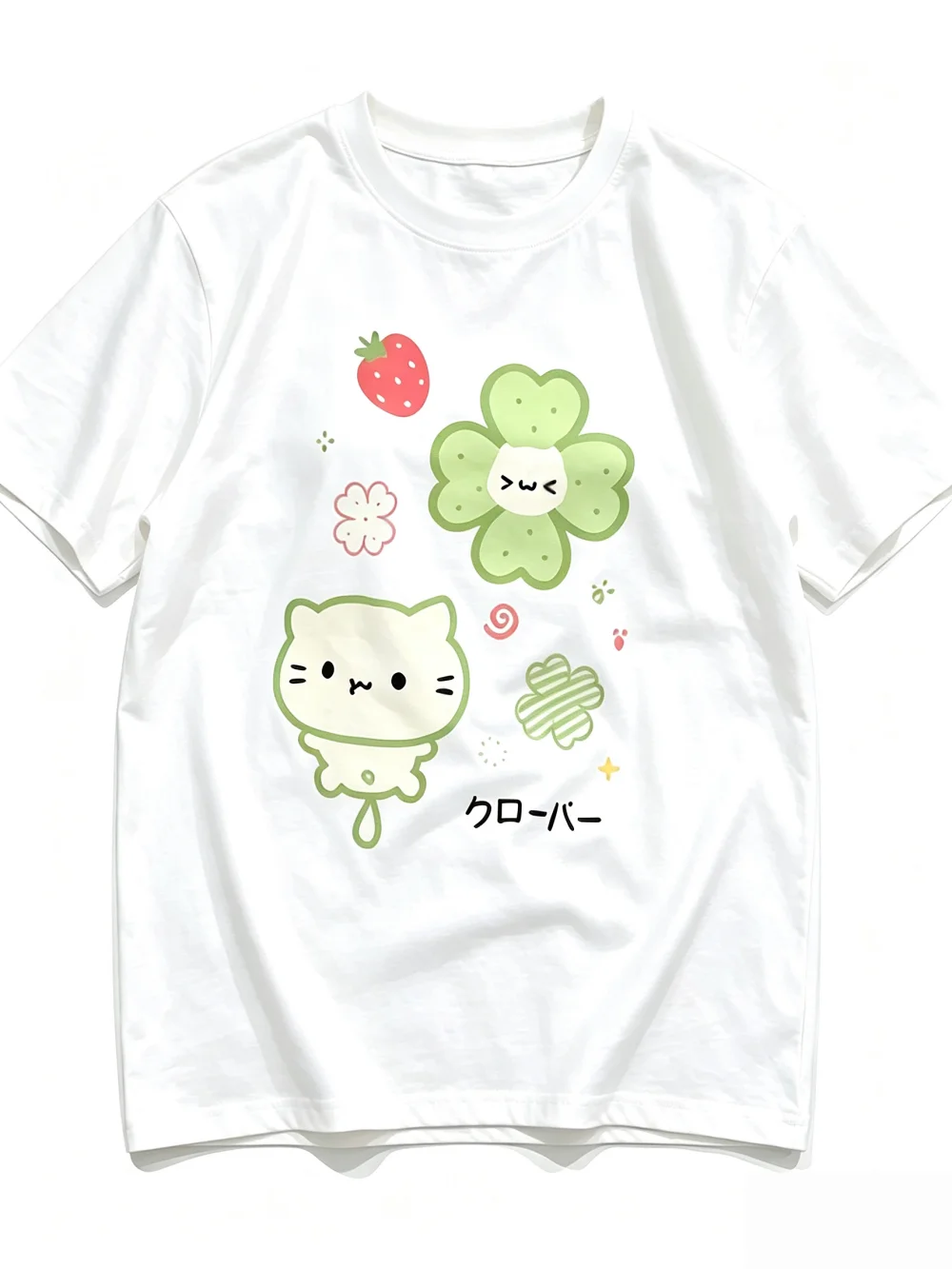 2026 Pastellgrünes Kawaii-Katzen-T-Shirt mit vierblättrigem Kleeblatt, japanischem Text und Erdbeer-Grafik, sommerlich, lässig, locker geschnitten, Damen-Oberteil – Detail 5