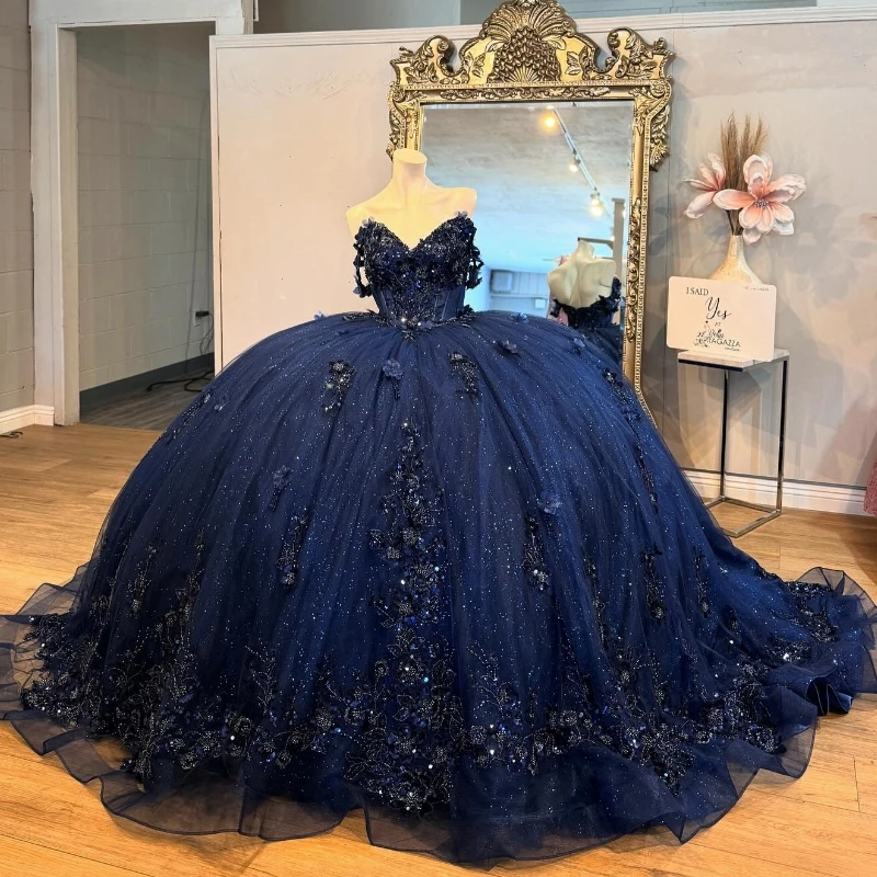 

Navy Blue Shiny Quinceanera Dress Off The Shoulder Mexican Lace Beads Tull Vestidos De 15 Princess Sweet 16 Birthday XV Ball Gow