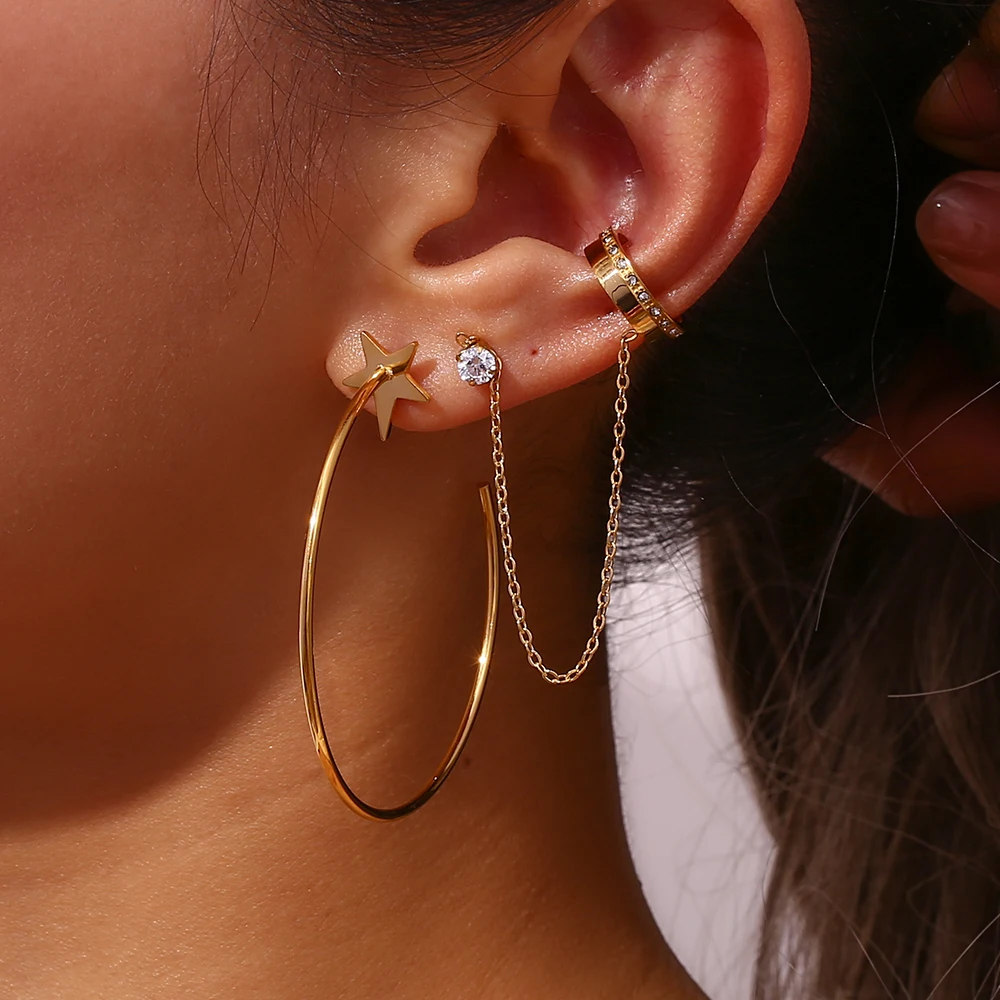 18K Gold Überzogene Edelstahl Große Stern Hoop Ohrringe Für Frau Hypoallergen Pentagramm Dünne Große Runde Schleife Ohrringe Schmuck – Detail 4