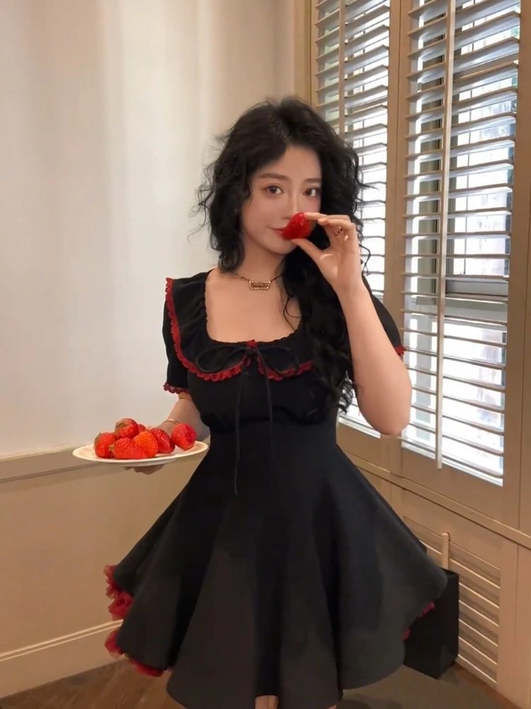 

Женское летнее платье больших размеров в корейском стиле, ретро, с пышными рукавами, воротником «Питер Пэн», А-силуэта, короткое, с завышенной талией, стройнящее