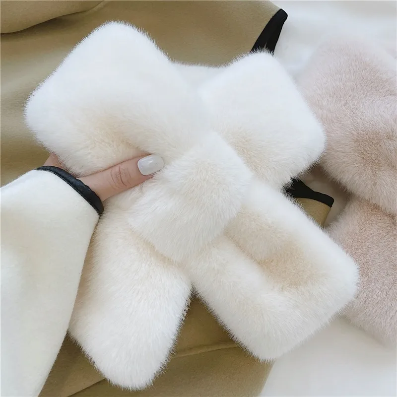 Plush Cross Scarf Faux Rabbit Fur Thickened Soft Scarves Solid Color Autumn Winter Cold Resistant Women Neck Warmer Collar Scarf