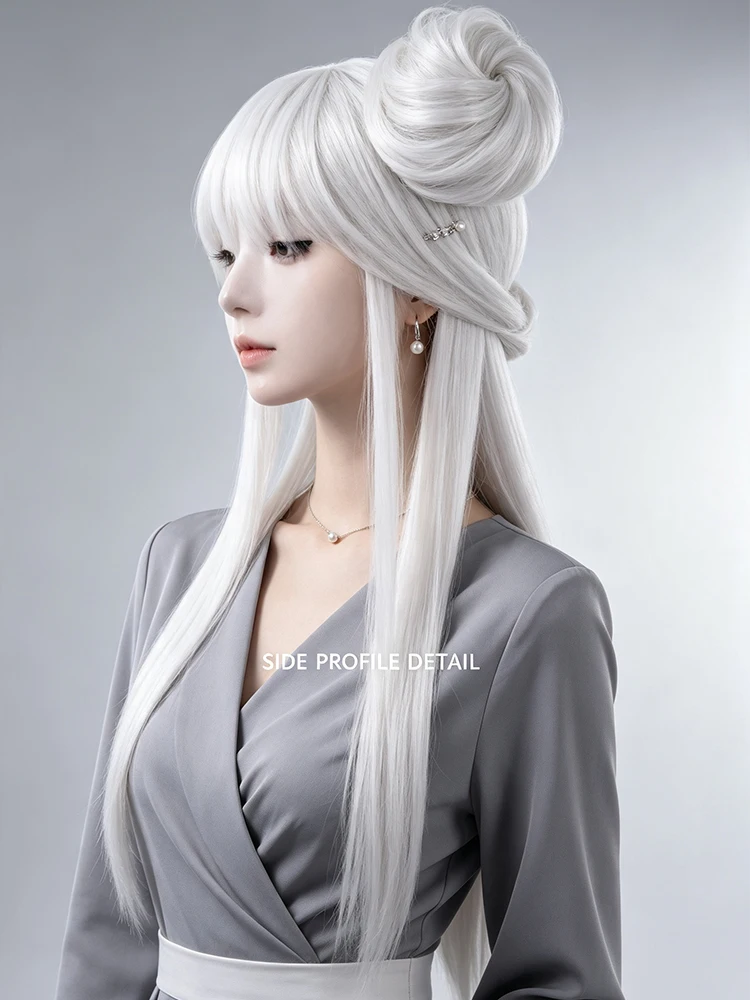 Synthetic 34 Inch White With Hair Bun Straight Bangs Anime Cosplay Wig Halloween Role Play Heat Resistant Fiber Hair