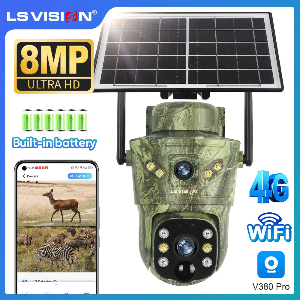 

LS VISION 4K двойной экран 4G солнечная охотничья камера уличная Wi-Fi PTZ обнаружение людей/животных двухсторонняя связь водонепроницаемые камеры безопасности