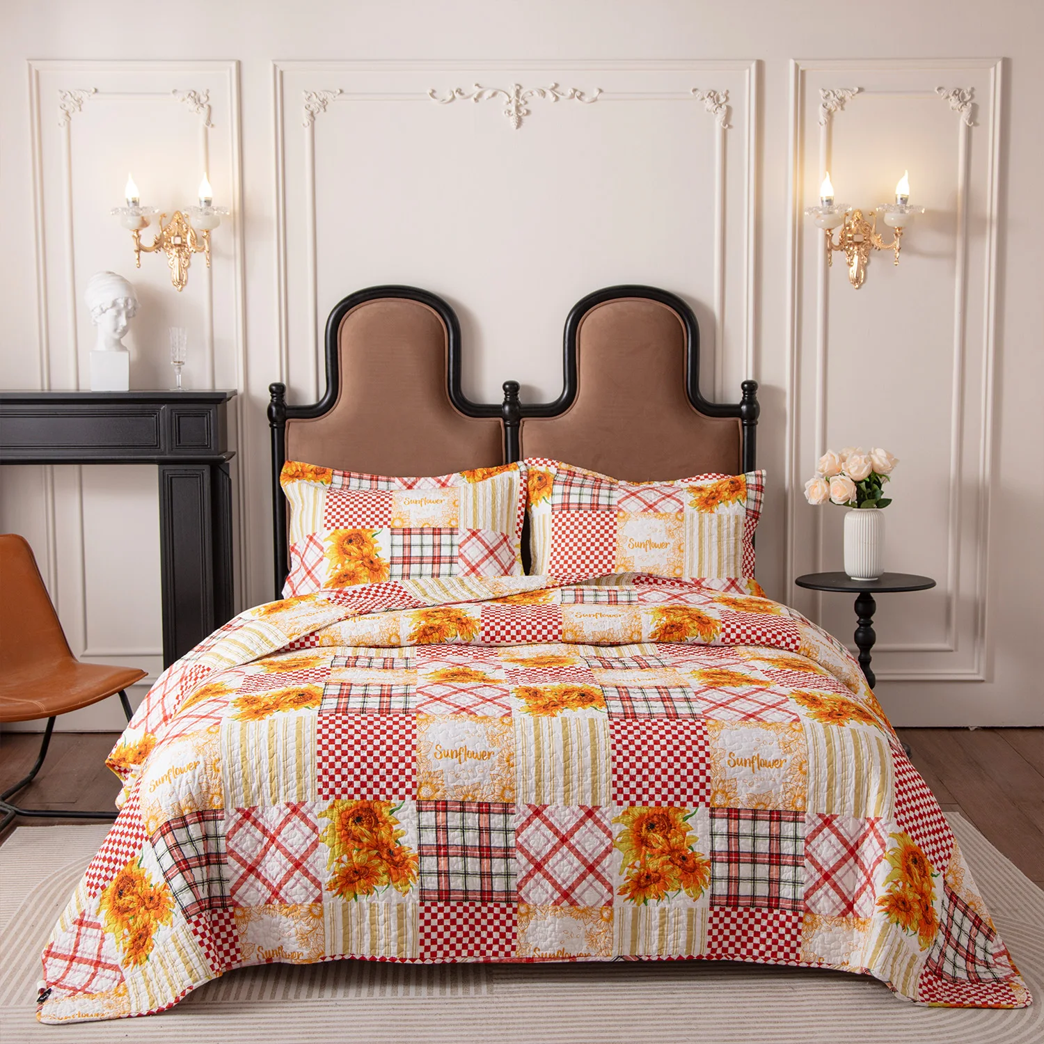 

3 Piece sunflo Pattern Patchwork Quilted Bedspread Set Clearance Soft Comfortable Summer Bedspread Set Washable Suitable for Bed