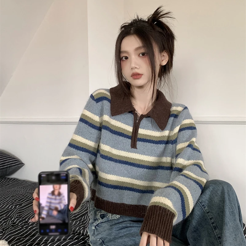 Women\'s Fashion Striped Knit Sweater Autumn Winter Korean Style Zipper Contrast Color Loose Lazy Style Pullover Sweater