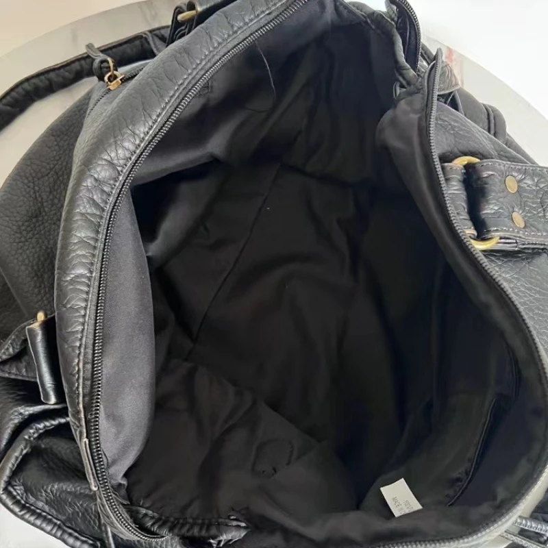 Retro Biker Tote Bag Washed Soft Leather Large Capacity Handbag Braided Strap Rivet Crossbody Shoulder Purse Women Work Daily