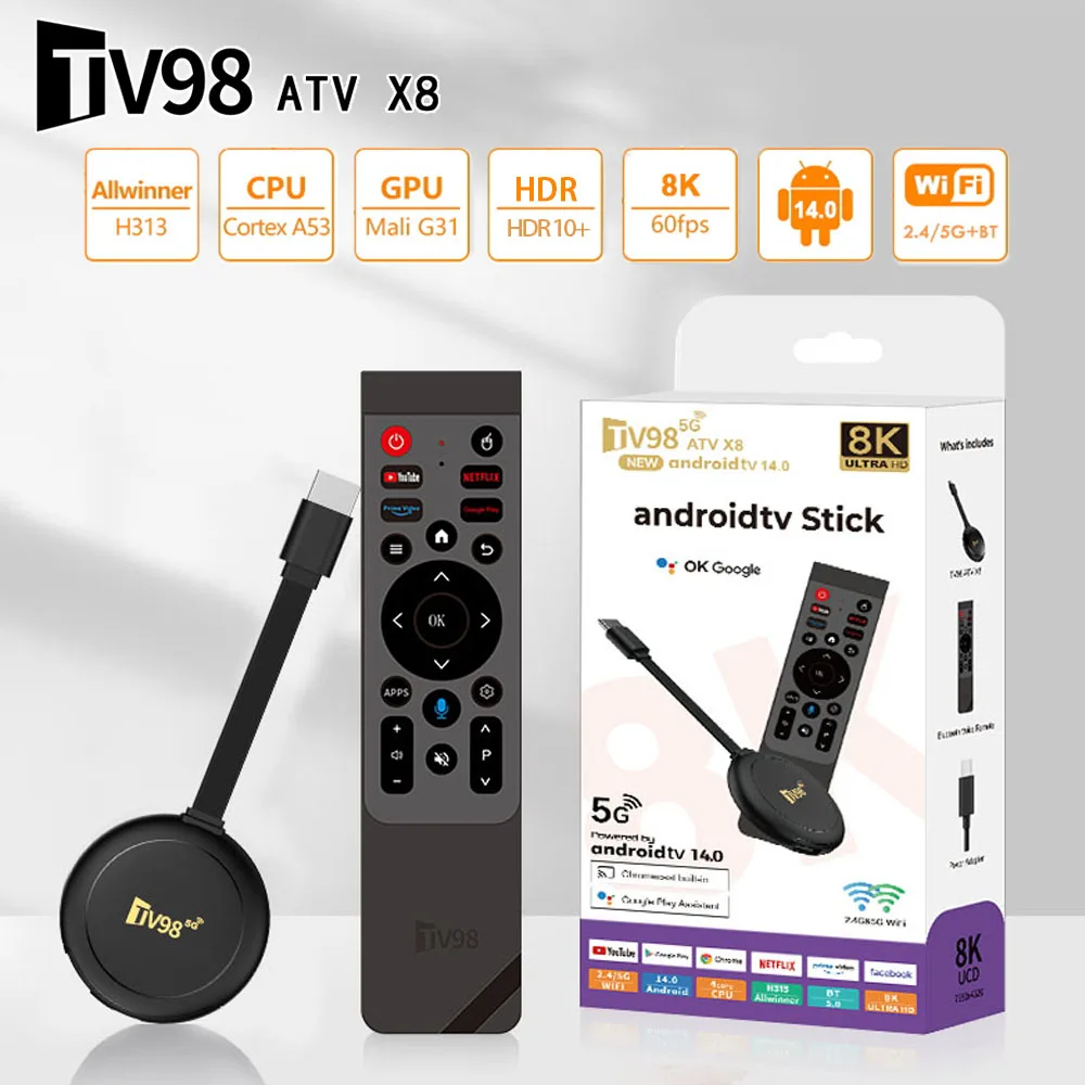 TV98 ATV X8 عصا تلفاز ذكية صغيرة أندرويد 14 H313 1080P HD TV box 2.4/5G WiFi TV استقبال لمشغل الوسائط Google YouTube Netflix