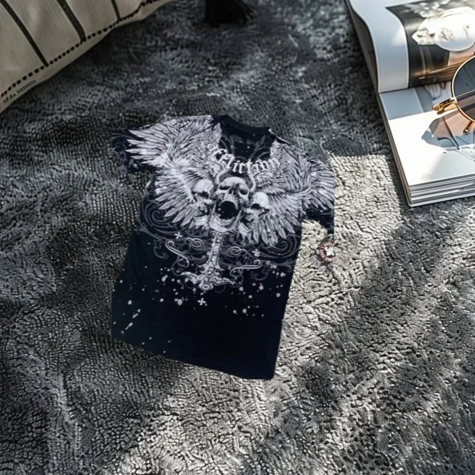 

Vintage Y2K Men's T-Shirt Black Gold Skull Design Xzavier Grunge Short Sleeve Tee Retro Unisex Graphic Casual Top