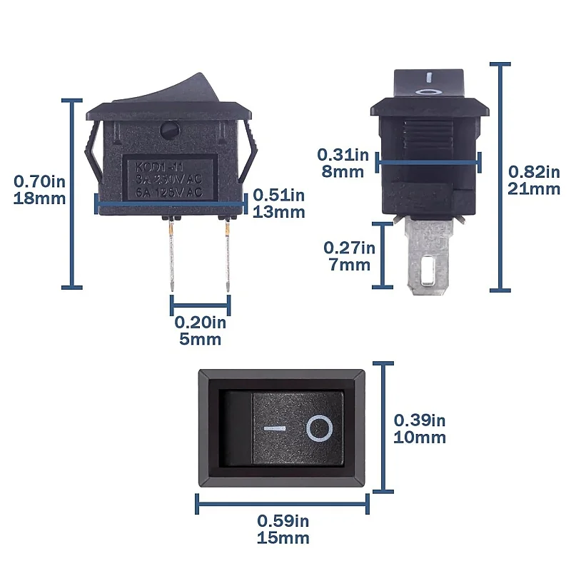 Mini Toggle Switch 2-Pin On/Off Mini Boat Switch AC 250V 3A 125V 6A 2 Pins 2 Position Black Rectangle Built-in Switch Embedded