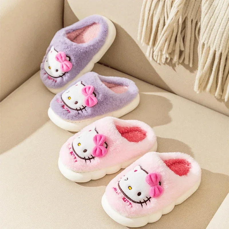 Kawaii Sanrio Hello Kitty Slippers Cute Cartoon Girls and Children Autumn and Winter Y2K Home Non Slip Grip Fluffy Plush Shoes