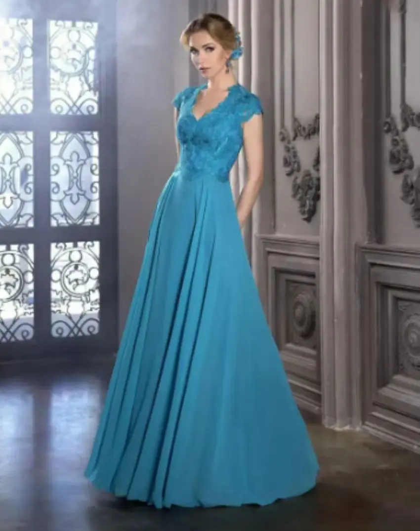 V-Neck Capped Sleeve Appliques Lace A-Line Wedding Guest Woman Evening Gowns Formal Lake Blue Mother of the Bride Dresses