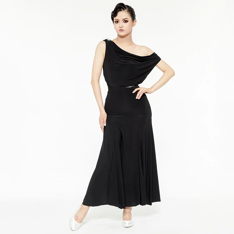 Sexy Oblique Shoulder Ballroom Dance Tops Black Skirt Practice Performance Dress Adult Waltz Modern Tango Dance Clothes DNV21032