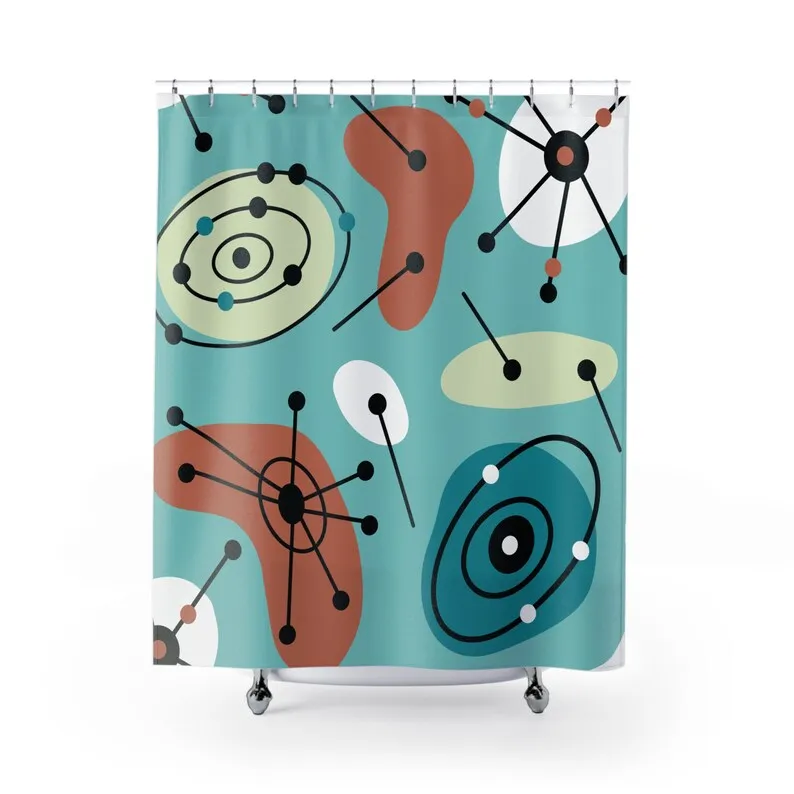 Atomic Starburst Shower Curtain, Mid Century Modern Bathroom, Retro Bath Decor