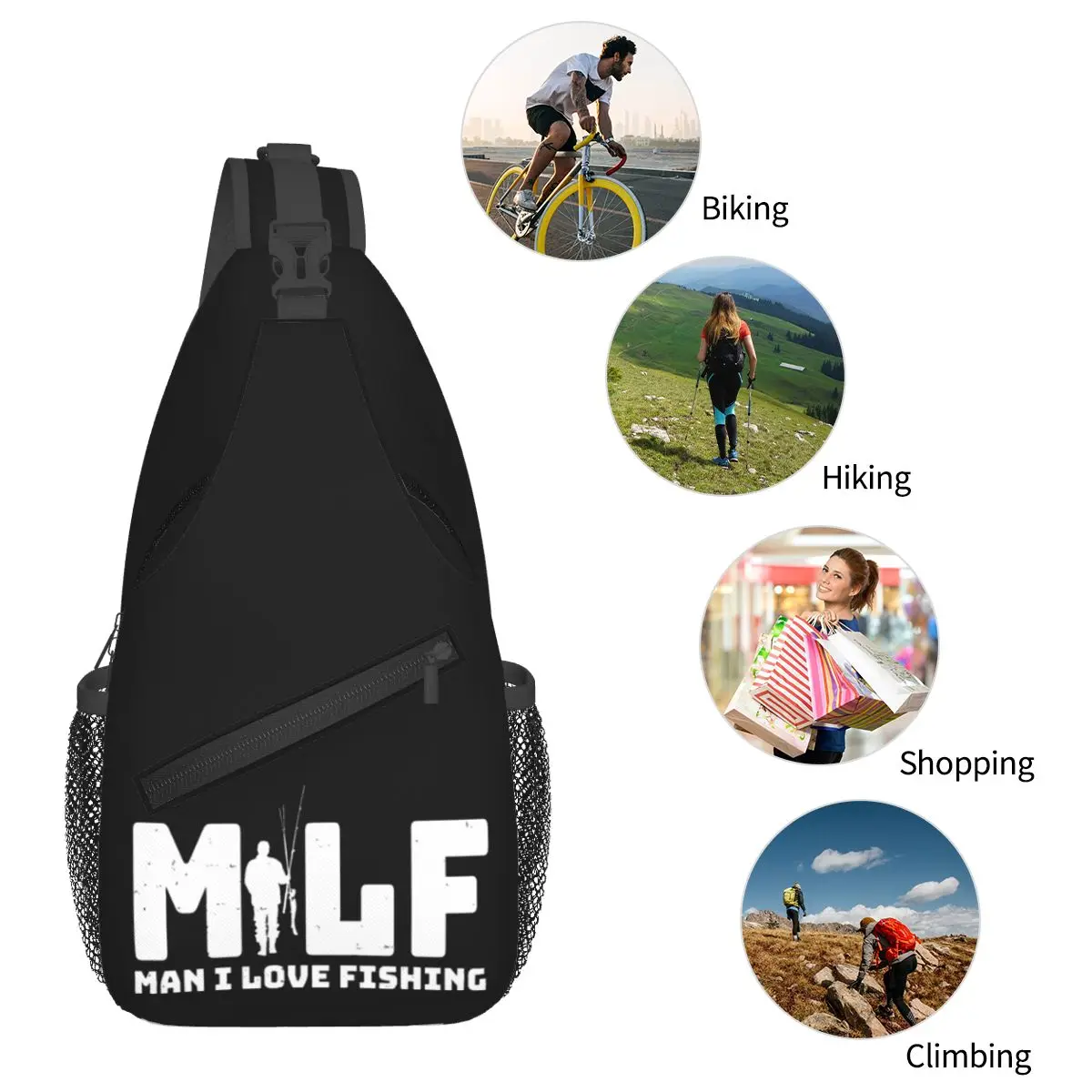 MILF Man I Love Fishing Retro Crossbody Sling Bag for Men Women Chest Bag Shoulder Backpack Daypack for Hiking Travel Sports Bag