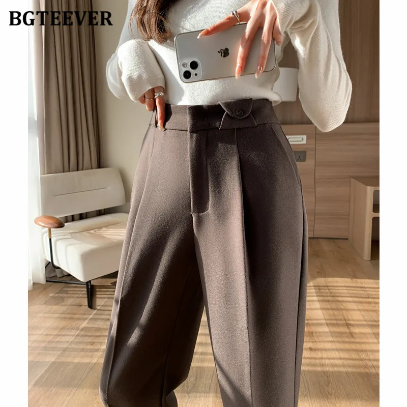 

BGTEEVER Autumn Winter Woolen Pants for Women Elegant Buttons Warm Thick Harem Pants Trousers Female