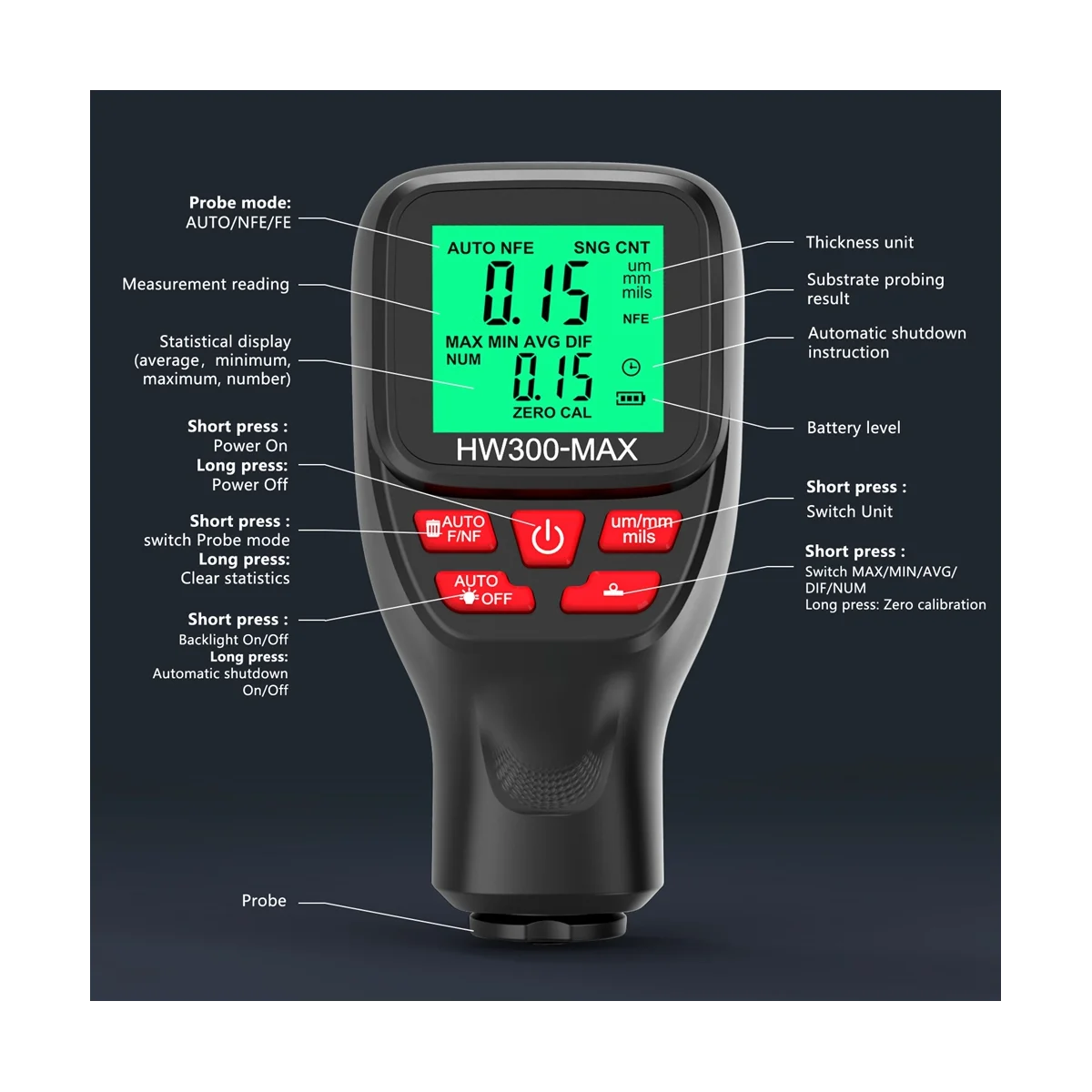 HW300-MAX Coating Thickness Gauge 0-2000UM Car Paint Film Thickness Tester Car Coating Measuring Tool Black