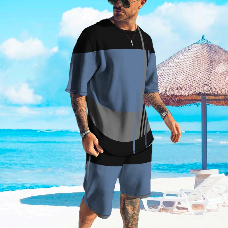 Men's Tracksuit Summer Stripe Style Harajuku Jogging Streetwear Short Sleeve T Shirt Suit 3D Printed Breathable Male Clothes