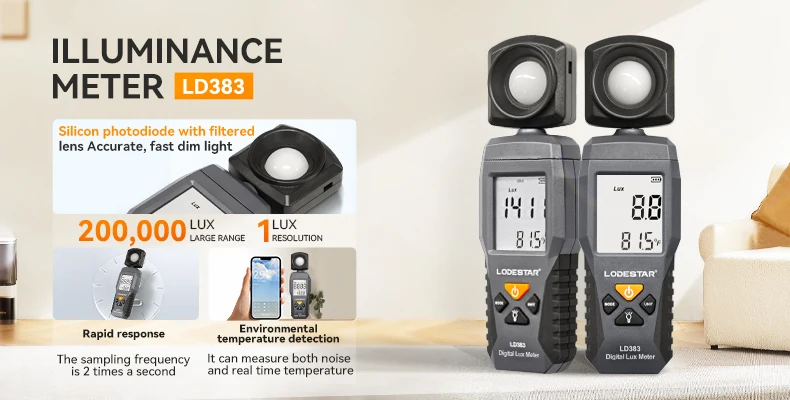 LODESTAR LD383 Light Meter Digital Illuminance Meter Handheld Ambient Temperature Measurer with Range up to 200,000 Lux Luxmeter