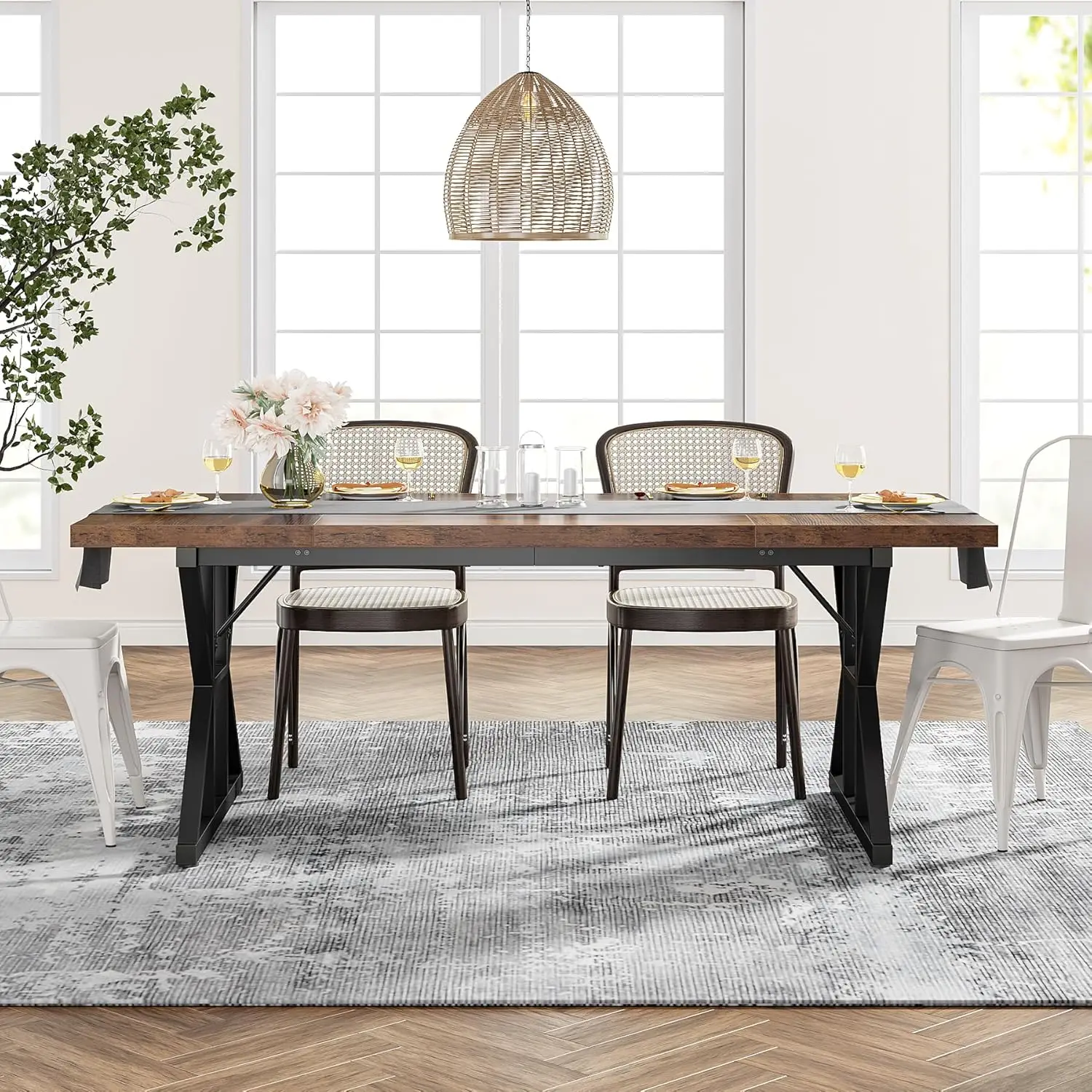 Rectangular Wood Dining Table, Rustic Kitchen Table with Heavy Duty Metal Legs for Dining Room