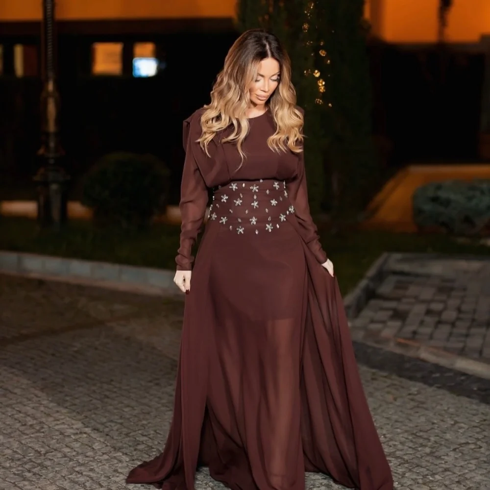 Robe de soirée personnalisée avec strass, col rond, ligne a classique, longue, sur mesure, pour occasions élégantes, fête de mariage