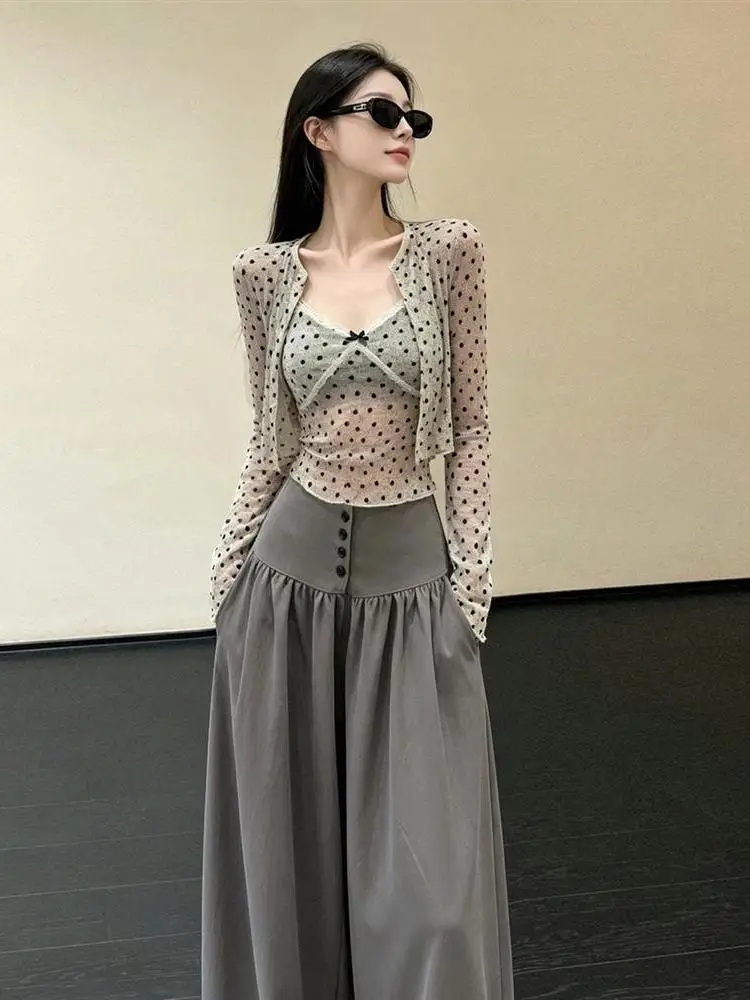 Polka Dot Wrap Cardigan Strap Wide Leg Pants Women's Complete Set Summer Super Popular Beautiful Fashionable Two Piece Set