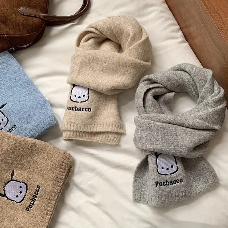 

Зимний вязаный шерстяной шарф Miniso для женщин, подлинная авторизация Sanrio, теплый плюс бархатный утолщенный морозостойкий шарф, шаль