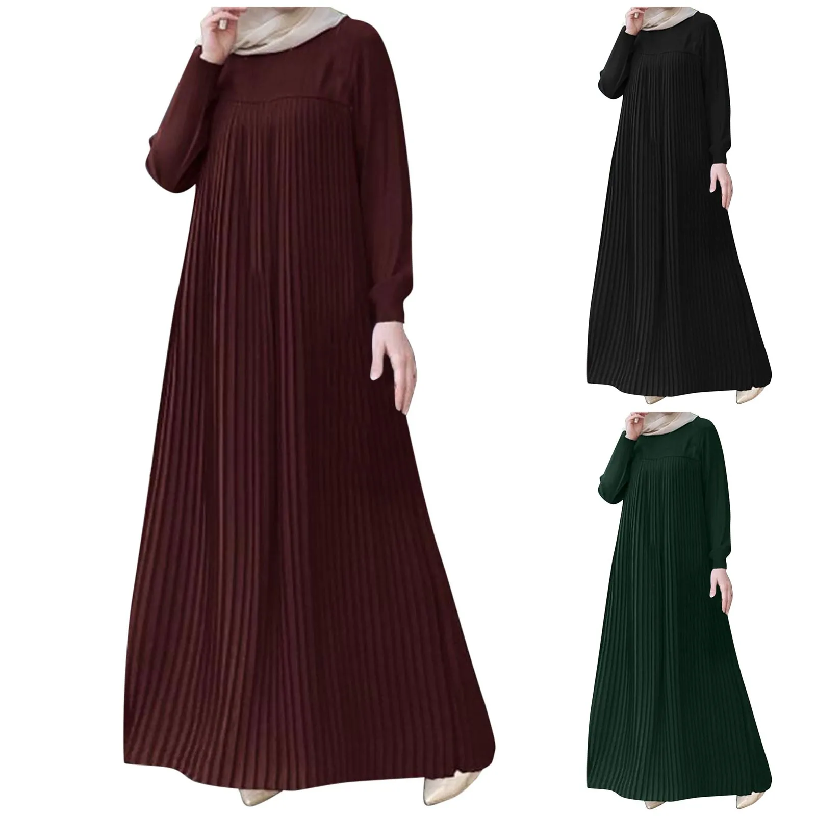 

Middle East Dubai Jilbab Muslim Fashion Women Arab Style Elegant Pleated Dress Solid Round Neck Long Sleeve Pleated Dress Abaya