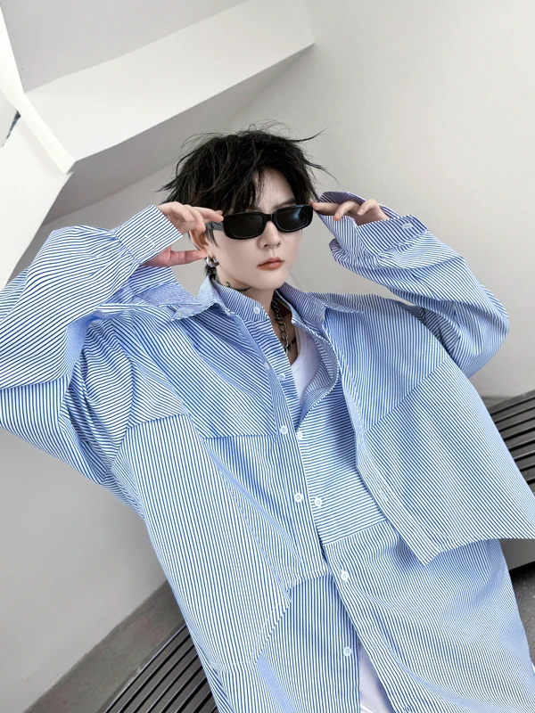 

Мужская рубашка в полоску с длинным рукавом, свободного кроя, в корейском стиле, повседневная, модная, из полиэстера, молодежная, популярная, для ранней осени