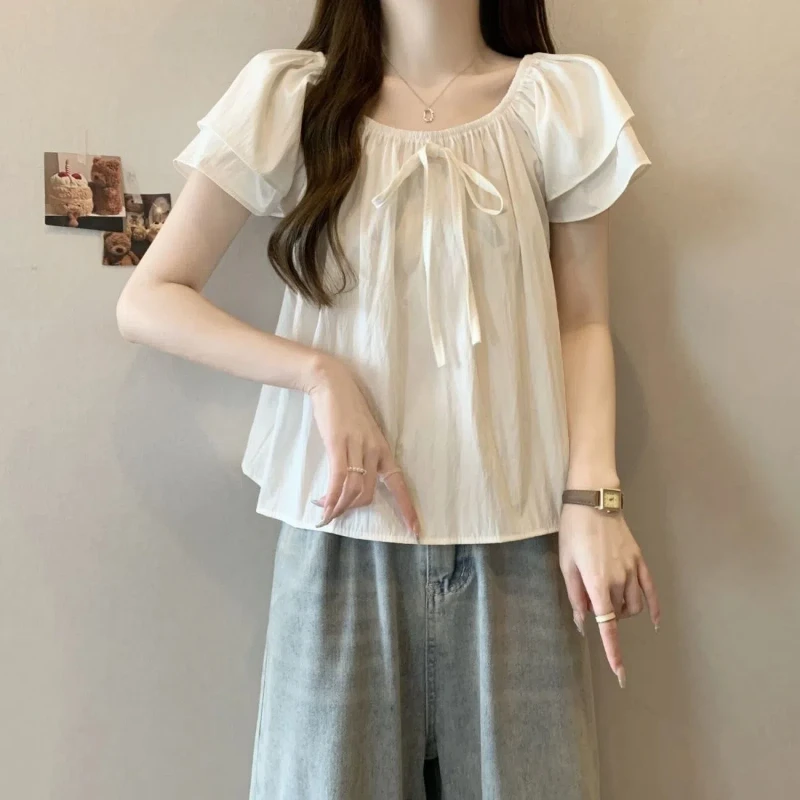 Chemise coréenne plissée à laçage avec nœud, hauts pour femmes, vêtements d'été, fin, manches courtes, couleur unie, ample, doux, mode décontractée, tendance