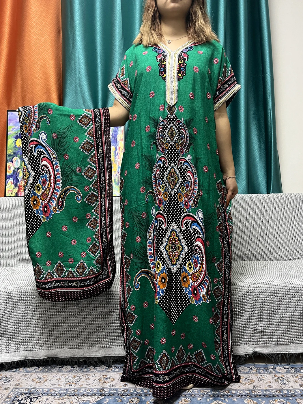 Abayas musulmanes pour femmes, appliques florales imprimées, coton, manches courtes, adt Fit, robe africaine, robes islamiques avec turban