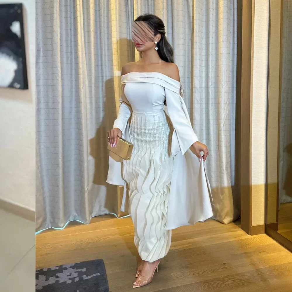 

Индивидуальное платье-миди из джерси с бисером и складками Клубное трапециевидное платье с открытыми плечами на заказ