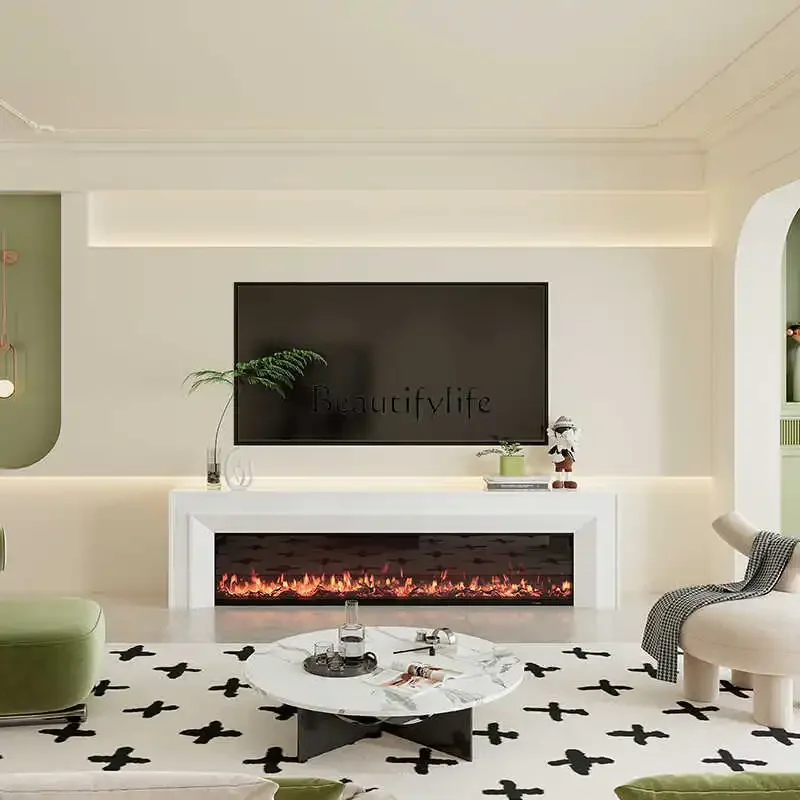 01 Vintage Style Fireplace TV Cabinet French Retro Decorative Cabinet Simulated Fire Heating Fireplace
