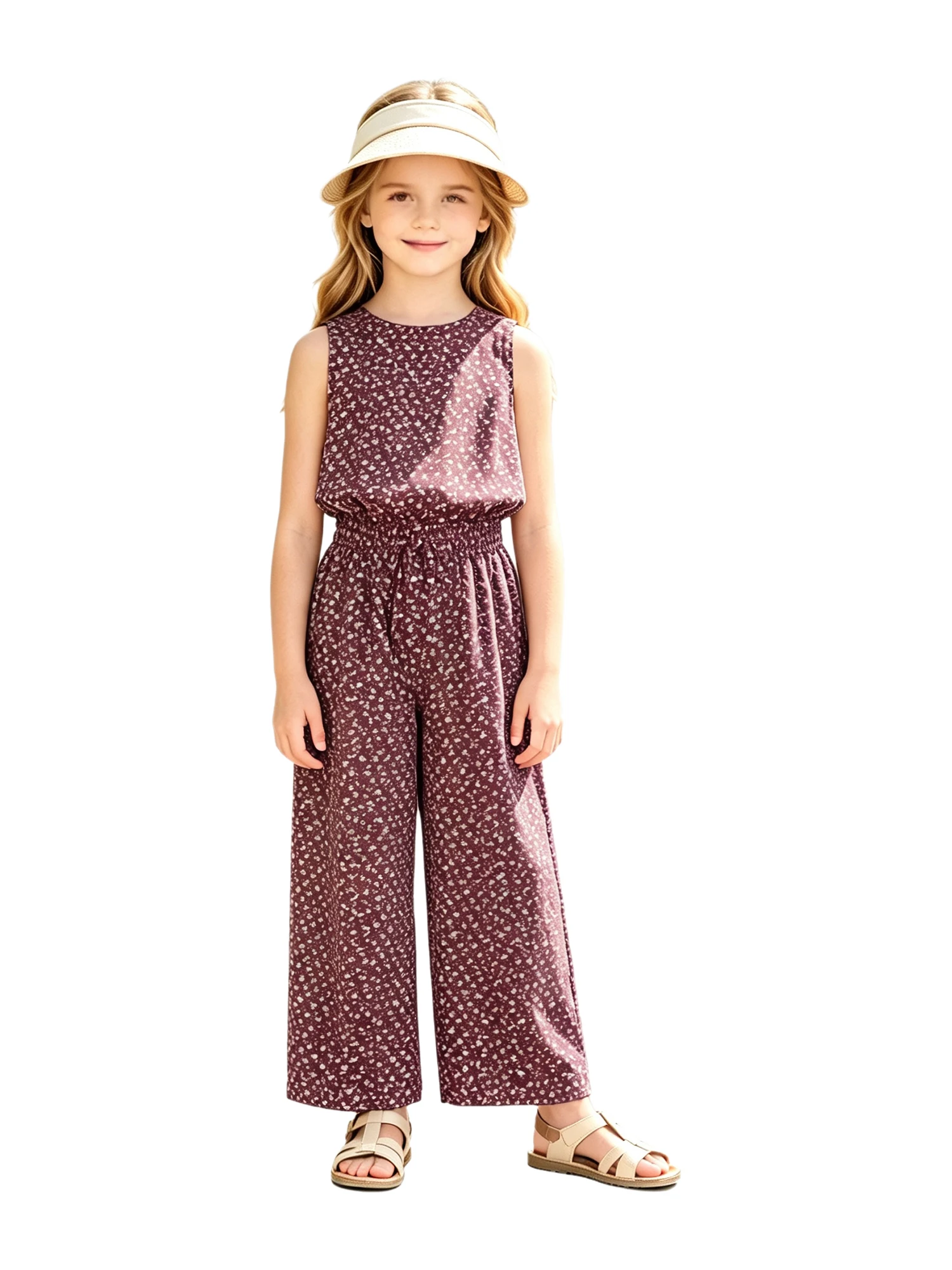 Jumpsuit Bunga untuk Anak Perempuan, Romper Kasual Berlengan Lebar Tanpa Lengan untuk Liburan, Pantai, Taman, Piknik